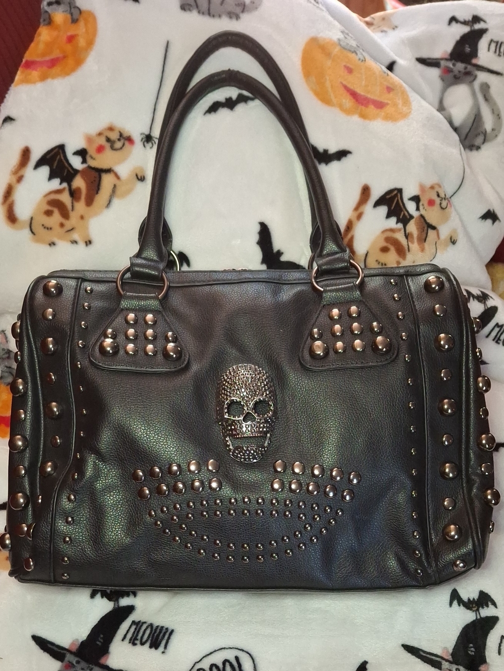 Studded Black Skull Satchel Handbag - Brand Unknown